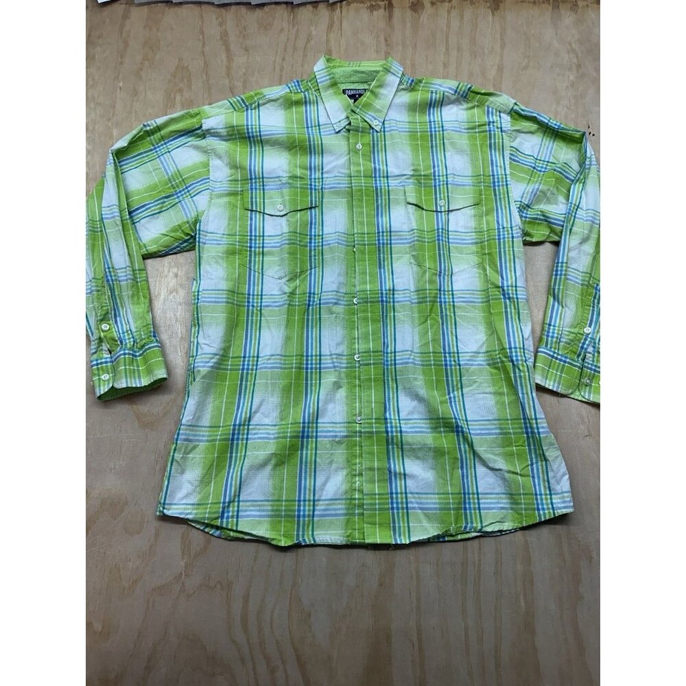 Panhandle Men’s 100% Cotton Green Plaid Button Up Large Western‎ Cowboy Rodeo